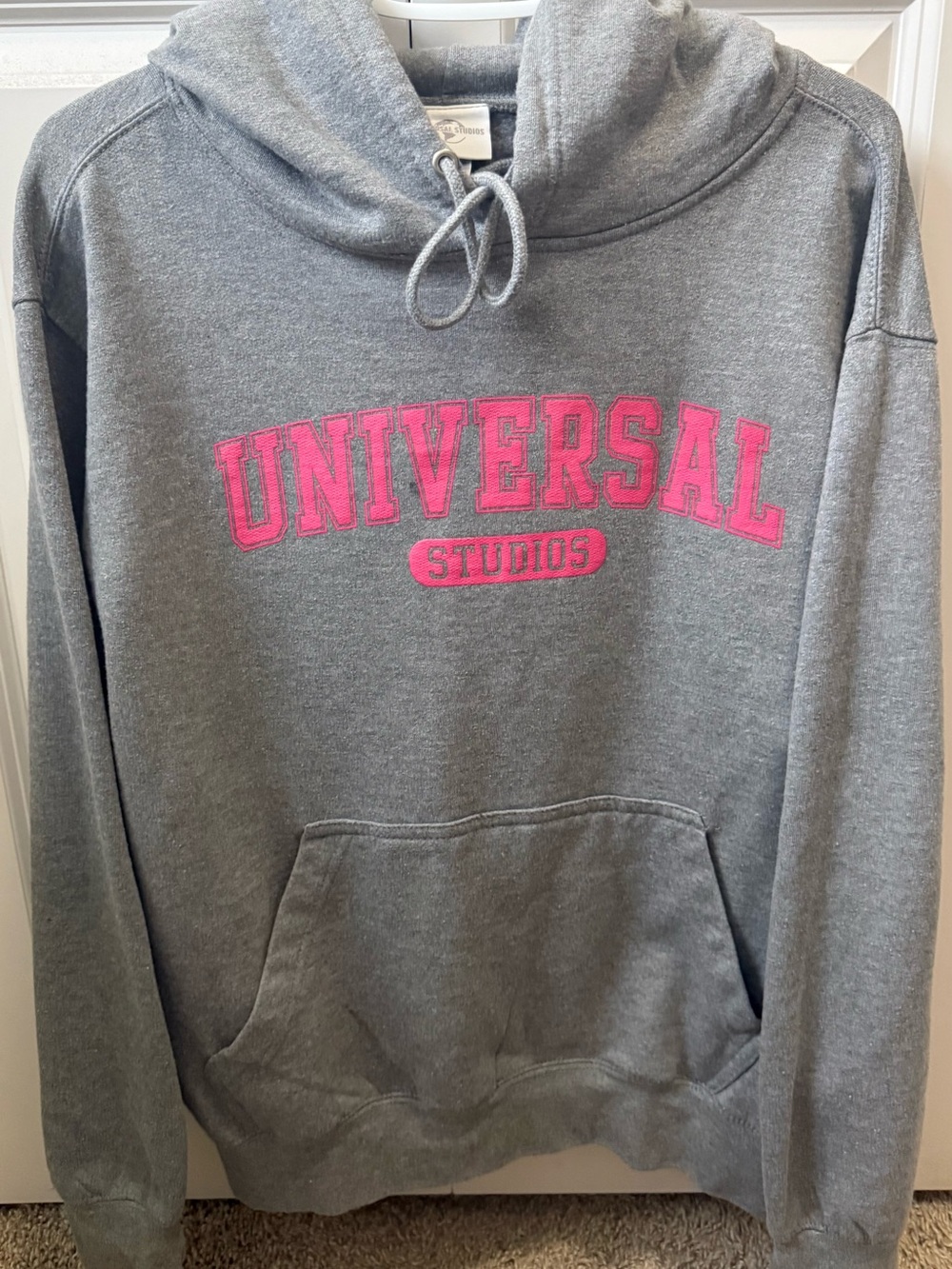 Universal Gray Hoodie with Pink Logo - Women's Sweater